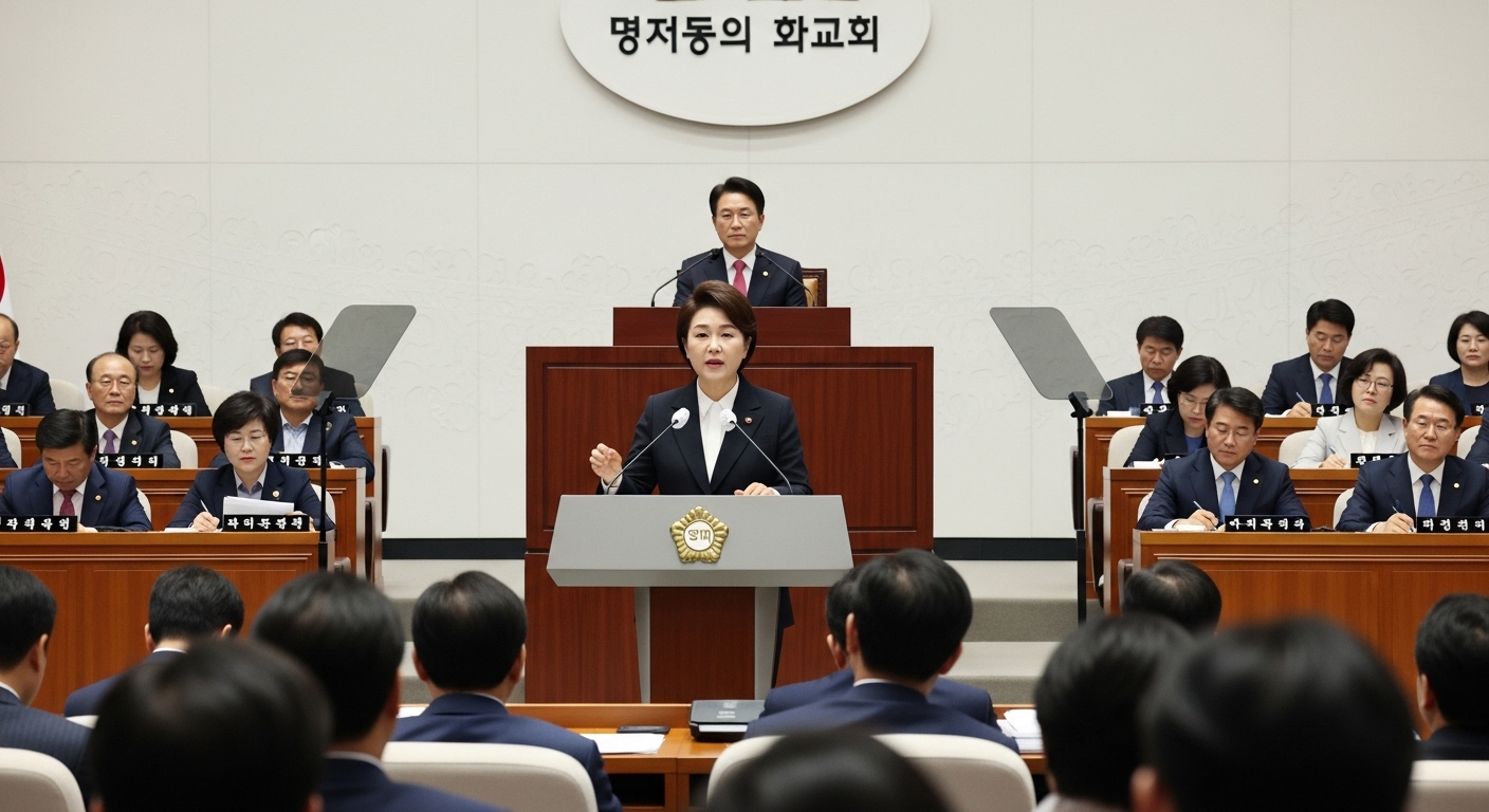 대한민국 국회의 단상에서 발표하는 역동적인 정치 지도자