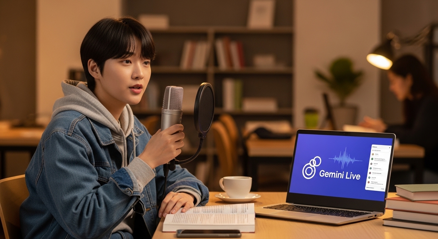 마이크로 제미나이 라이브와 대화하는 대학생의 학습 장면