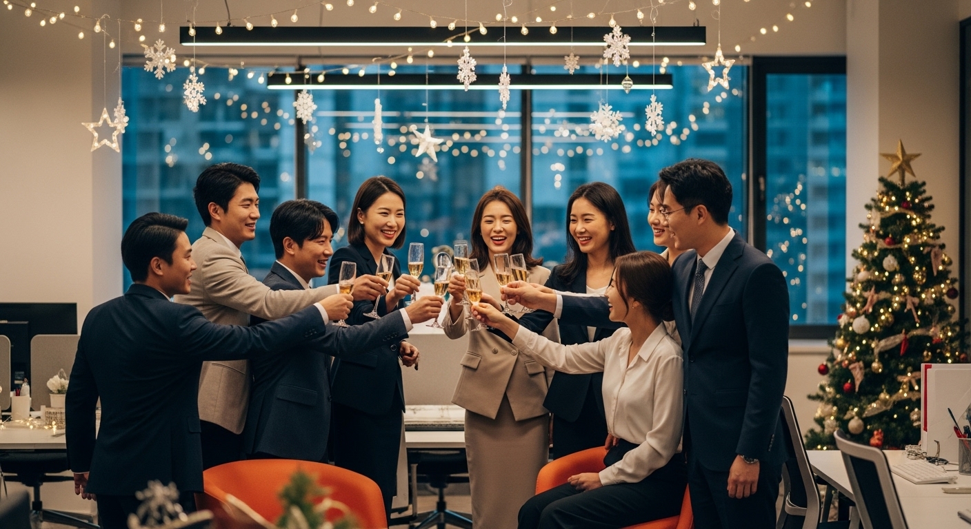 사무실에서 크리스마스 장식과 함께 새해를 축하하는 직장 동료들