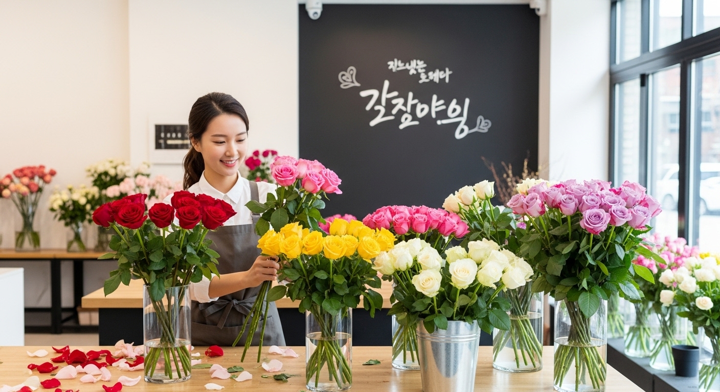 한국의 플로리스트가 꽃집에서 다양한 색상의 장미를 배열하는 모습