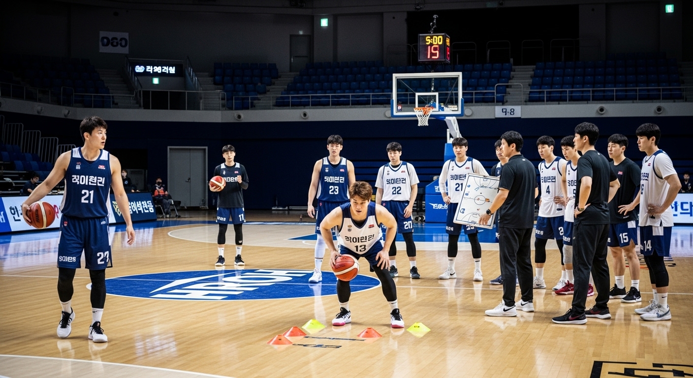 농구팀 선수들이 경기 전 코트에서 훈련하는 모습