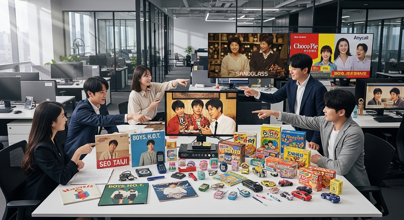 현대 한국 사무실에서 젊은 직장인들이 90년대와 2000년대 초반의 대중문화 자료를 논의하는 모습