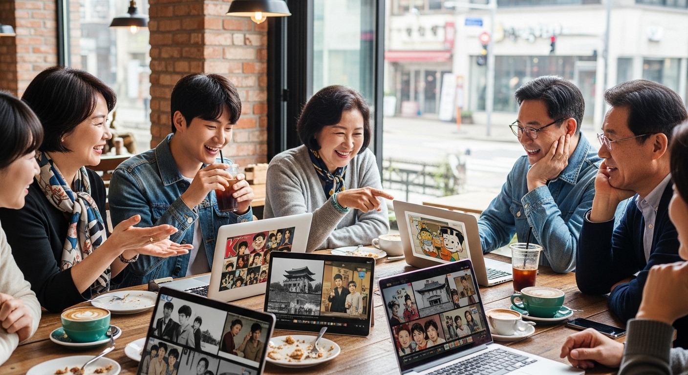 카페에서 다양한 연령대의 사람들이 각자 랩톱과 태블릿으로 추억을 공유하며 토론하는 모습