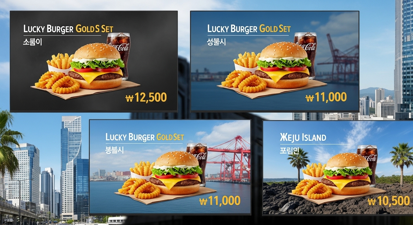 한국의 지역별로 다른 가격의 디지털 화면에 표시된 행운버거 골드 스페셜 세트