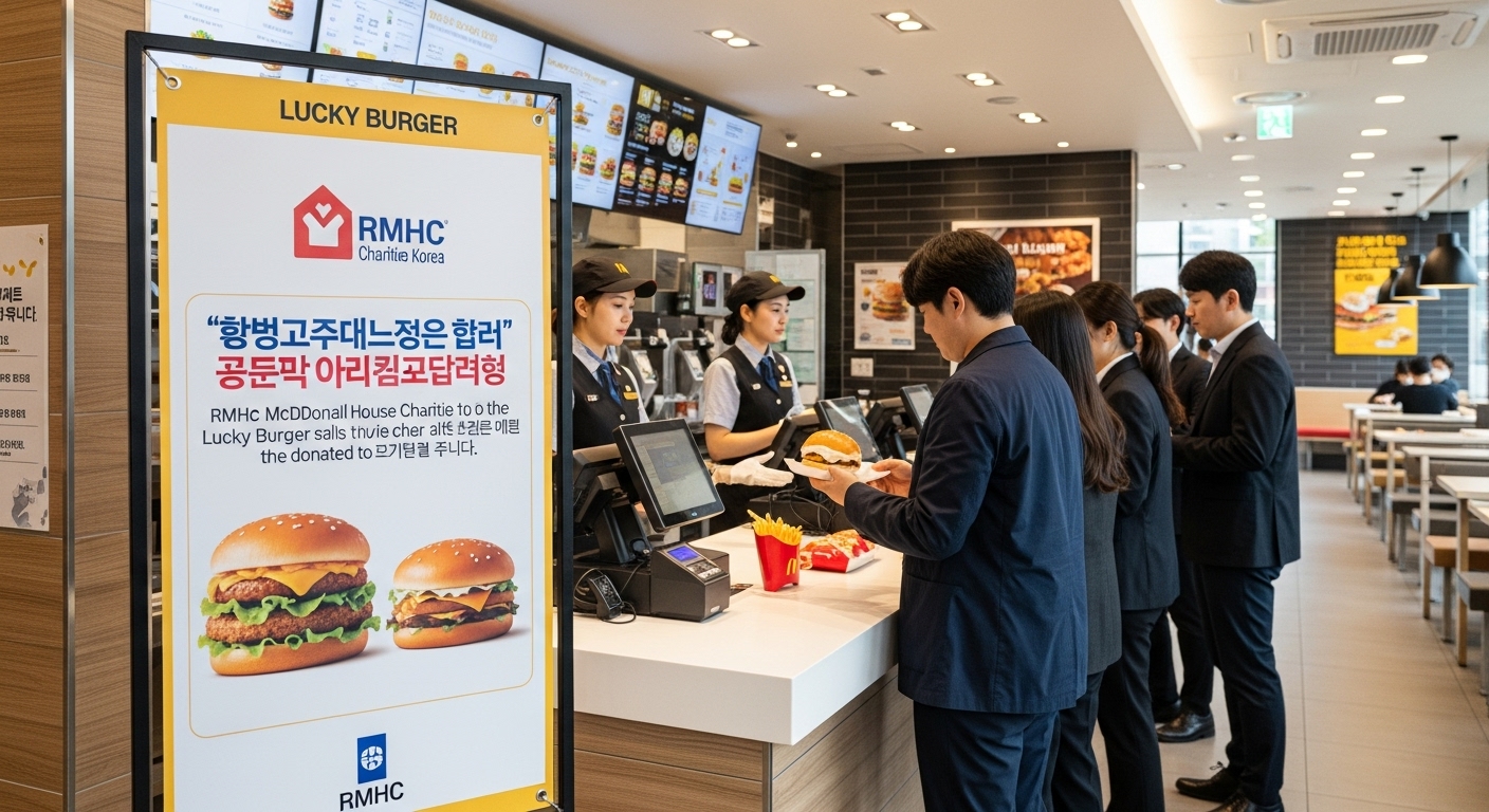 RMHC Korea 기부 프로그램 안내문 옆에서 버거를 구매하는 손님들