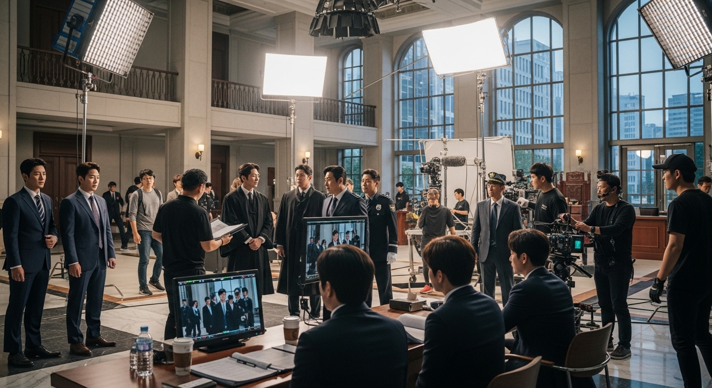 한국 법정 드라마 촬영 세트장에서 배우들과 스태프들이 분주히 준비하는 모습