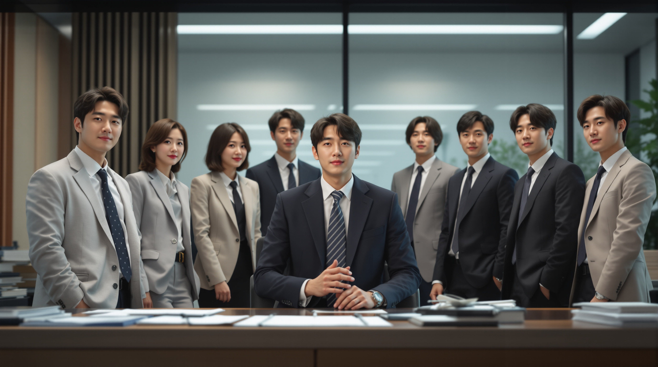 다양한 성격과 배경을 가진 변호사 역할의 배우들이 모던한 법률 사무실 세트에서 포즈를 취하는 장면