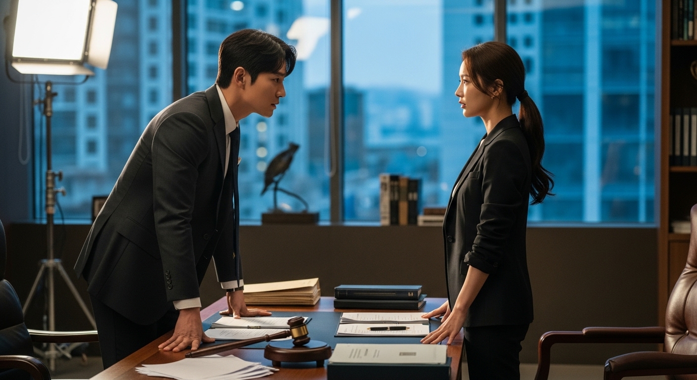 현대적인 법정 드라마 세트에서 두 주연 배우가 함께 리허설하며 케미스트리와 강렬함을 보여주는 장면