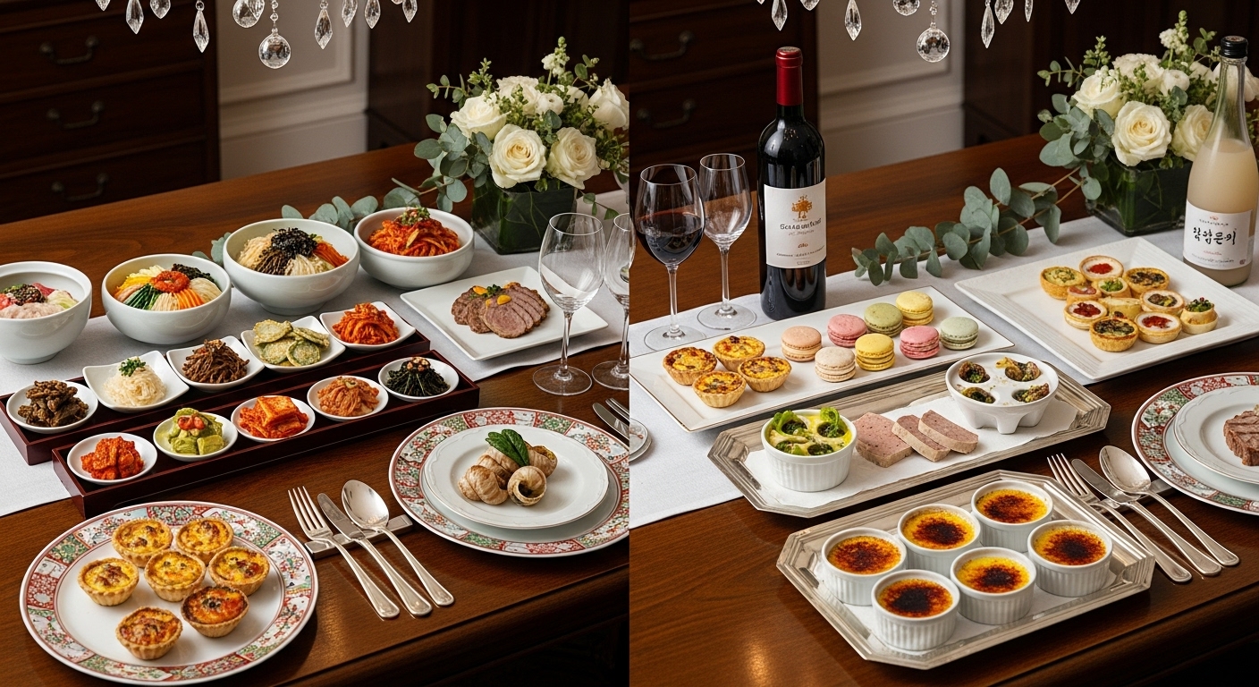 전통 한식과 프렌치 스타일 음식이 조화롭게 배치된 식탁