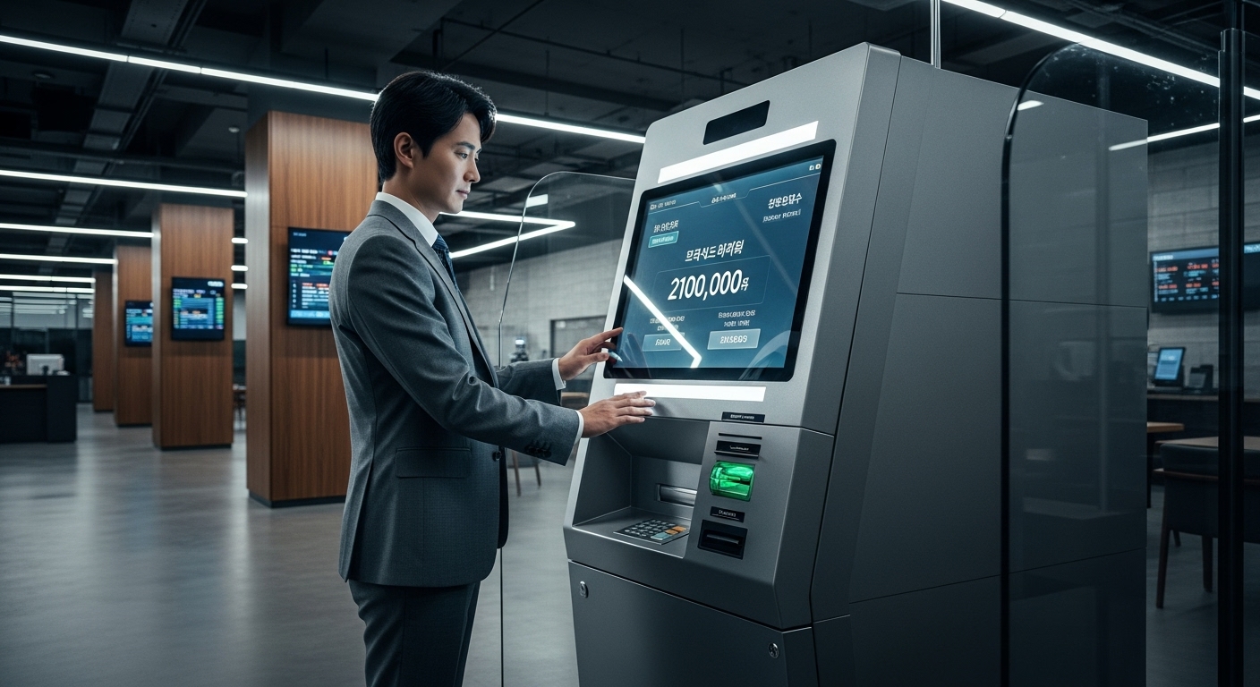세련된 은행 내부에서 최신 ATM 기기를 사용하여 대규모 자금을 송금하는 사업가