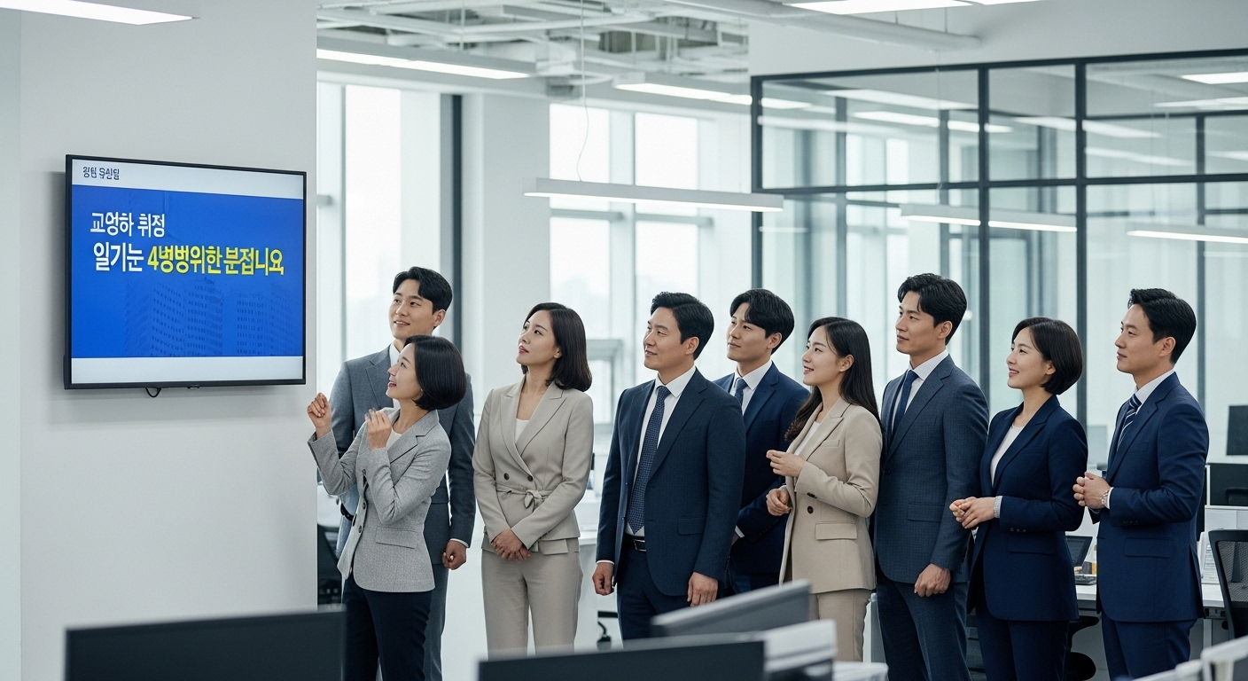 현대적인 사무실 환경에서 급여 인상 소식을 읽고 있는 공무원들의 모습