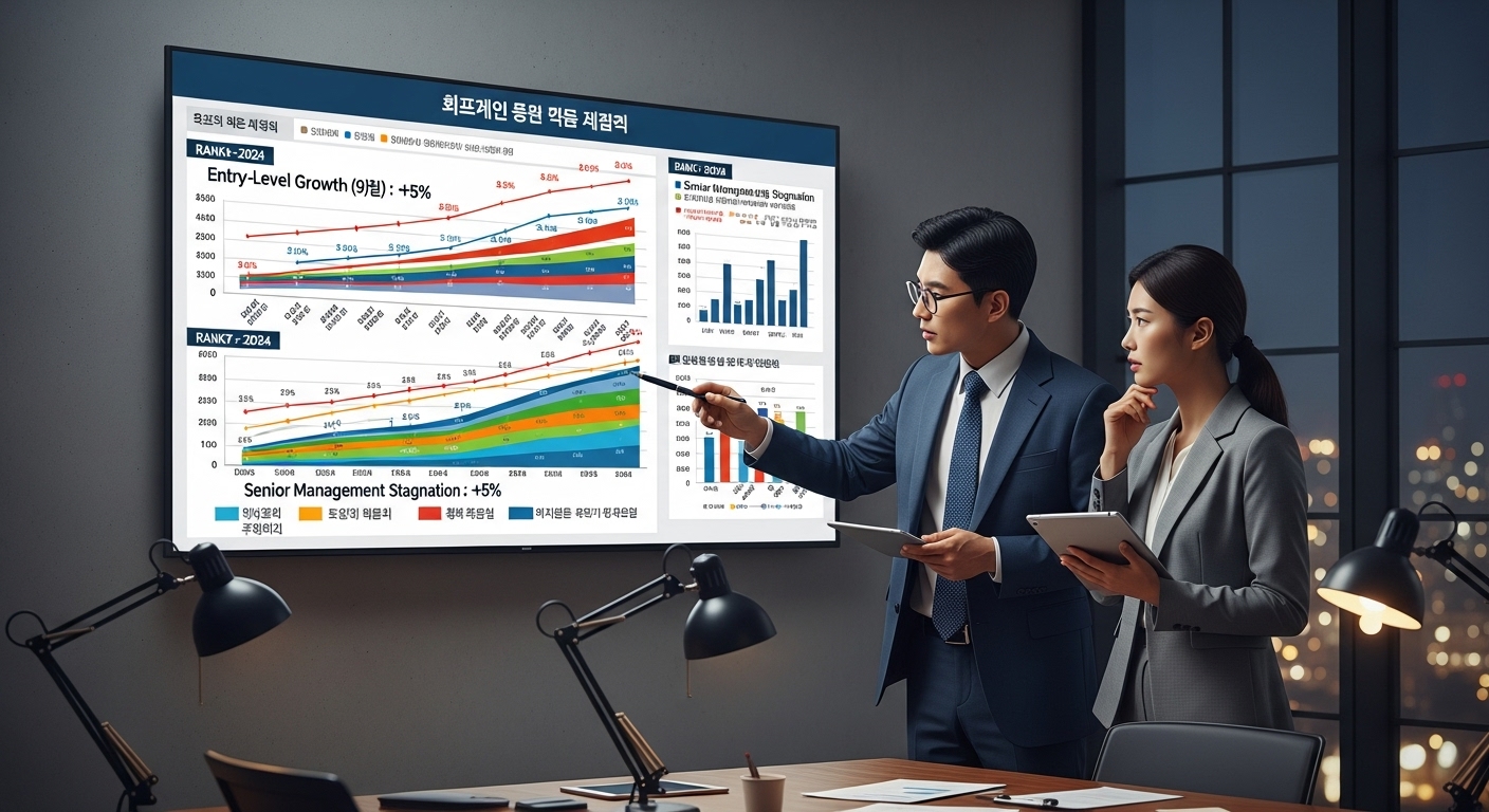 다양한 직급별 급여 상승을 보여주는 차트를 보고 있는 금융 분석가들