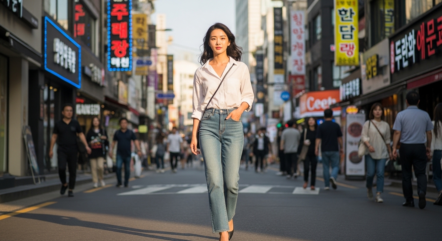 서울 거리에서 배럴레그팬츠를 입고 걷는 젊은 여성의 캐주얼 패션