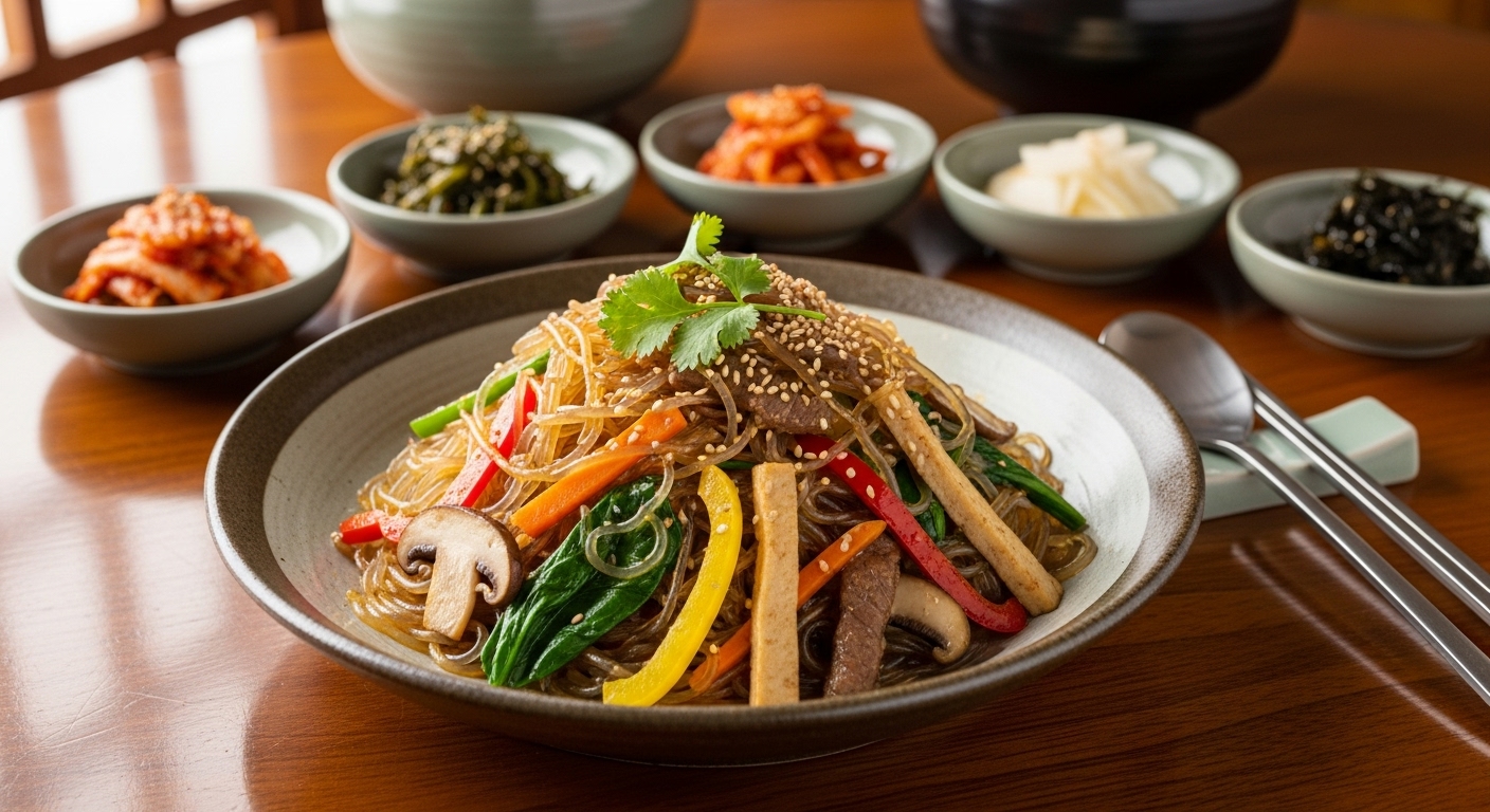 통깨가 뿌려진 잡채가 예쁘게 담긴 전통적인 한국식 상차림