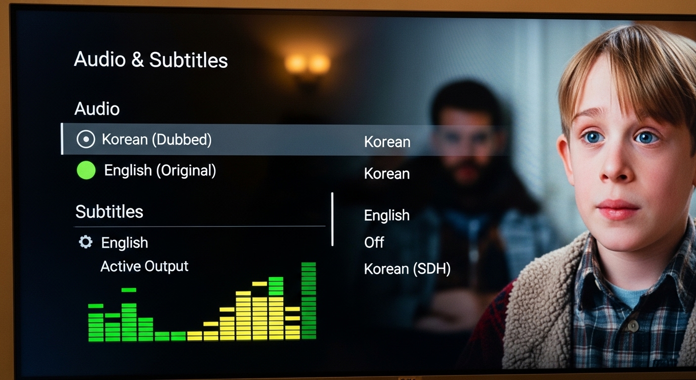고품질의 한국어 더빙 및 자막 설정이 표시된 TV 화면 클로즈업