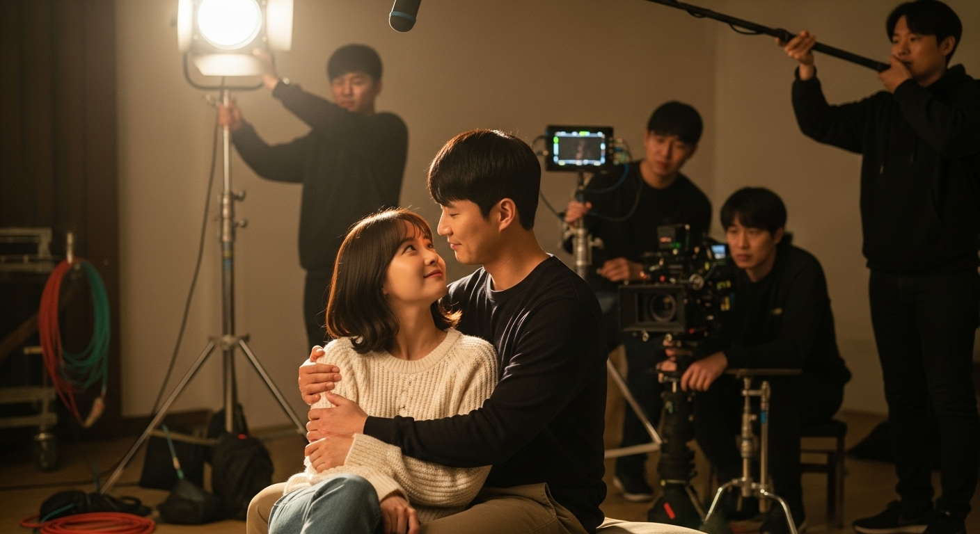 현대적인 커플이 촬영장에서 다정한 순간을 공유하는 모습