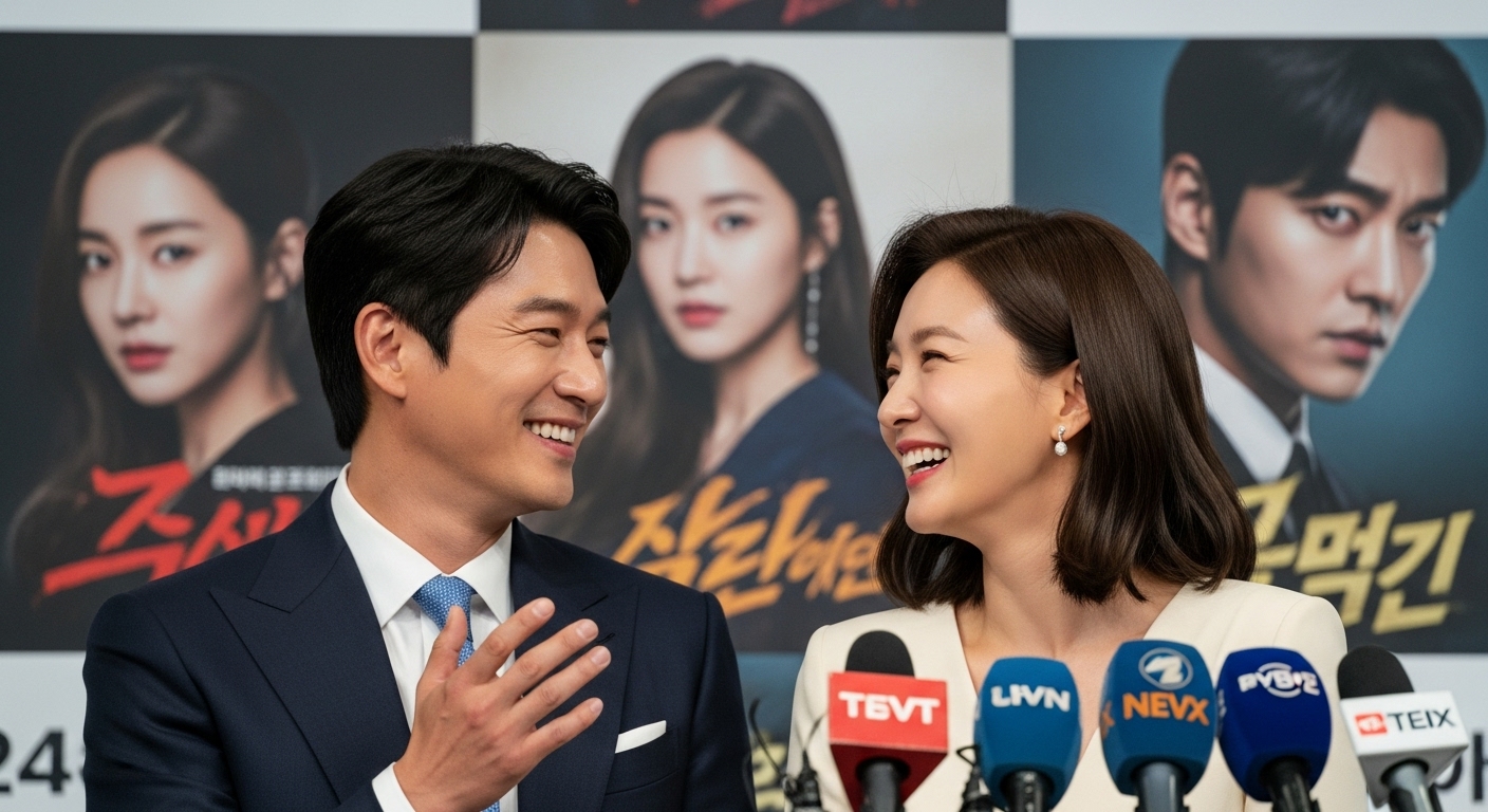두 배우가 기자 간담회에서 서로 미소를 주고받는 장면