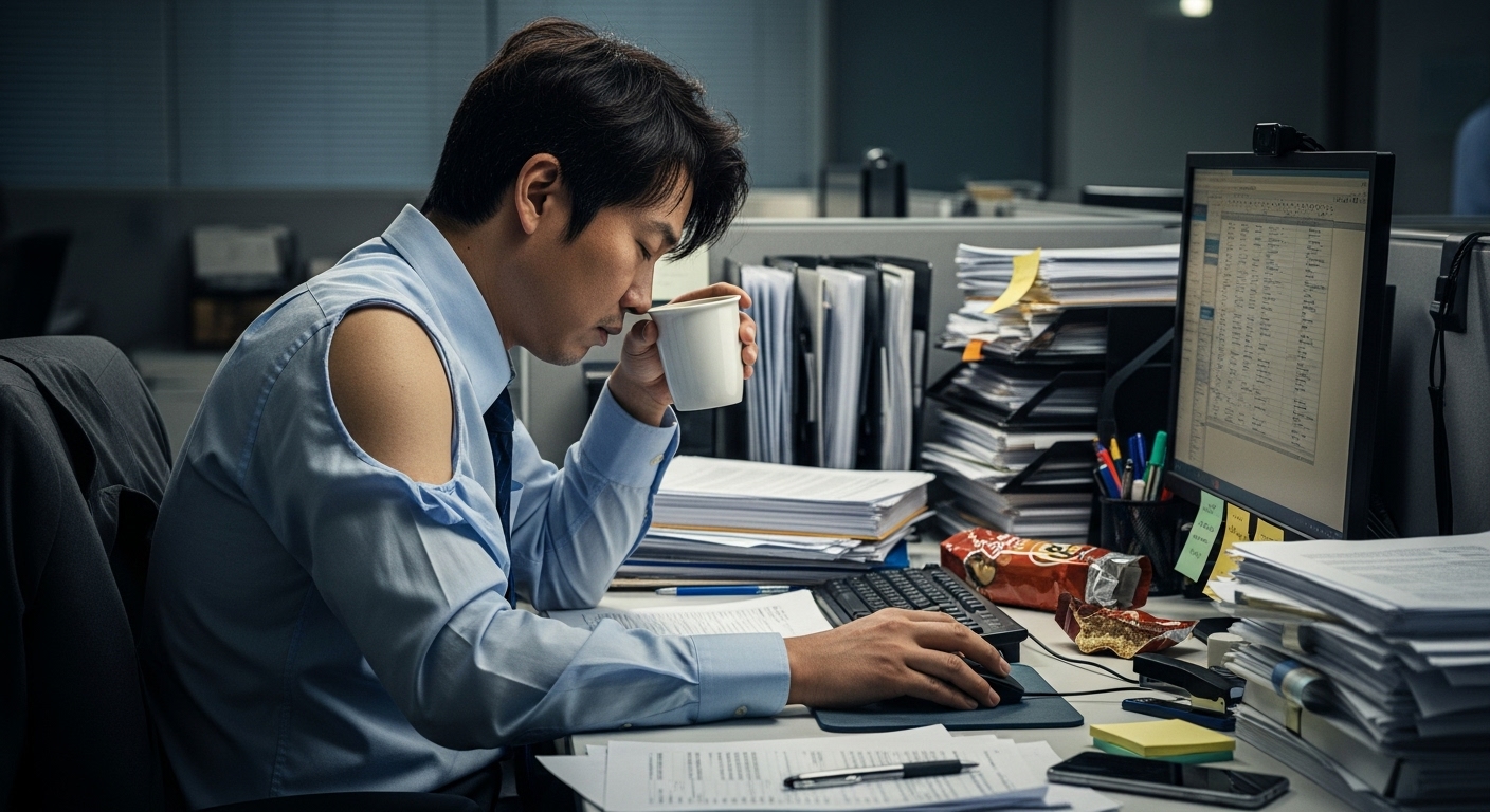 사무실 책상에서 피곤한 표정의 남성이 업무를 보는 모습