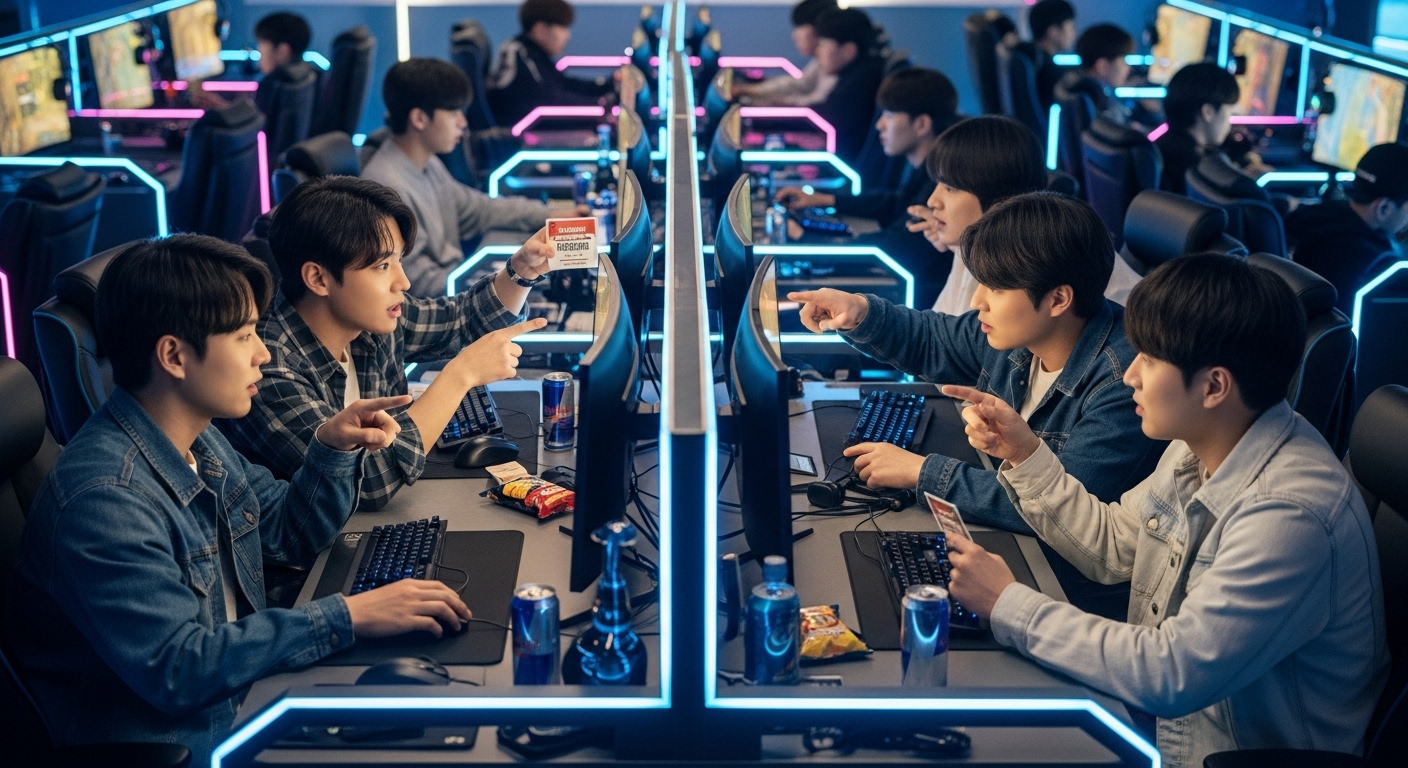 현대적인 게임 카페에서 게임 전략과 쿠폰 코드를 논의하는 게이머들
