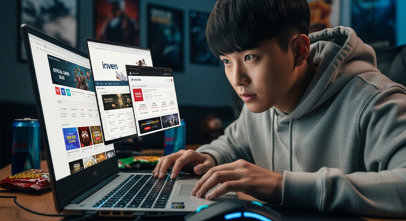 공식 블로그와 커뮤니티 포럼을 확인하며 쿠폰을 관리하는 젊은 게이머