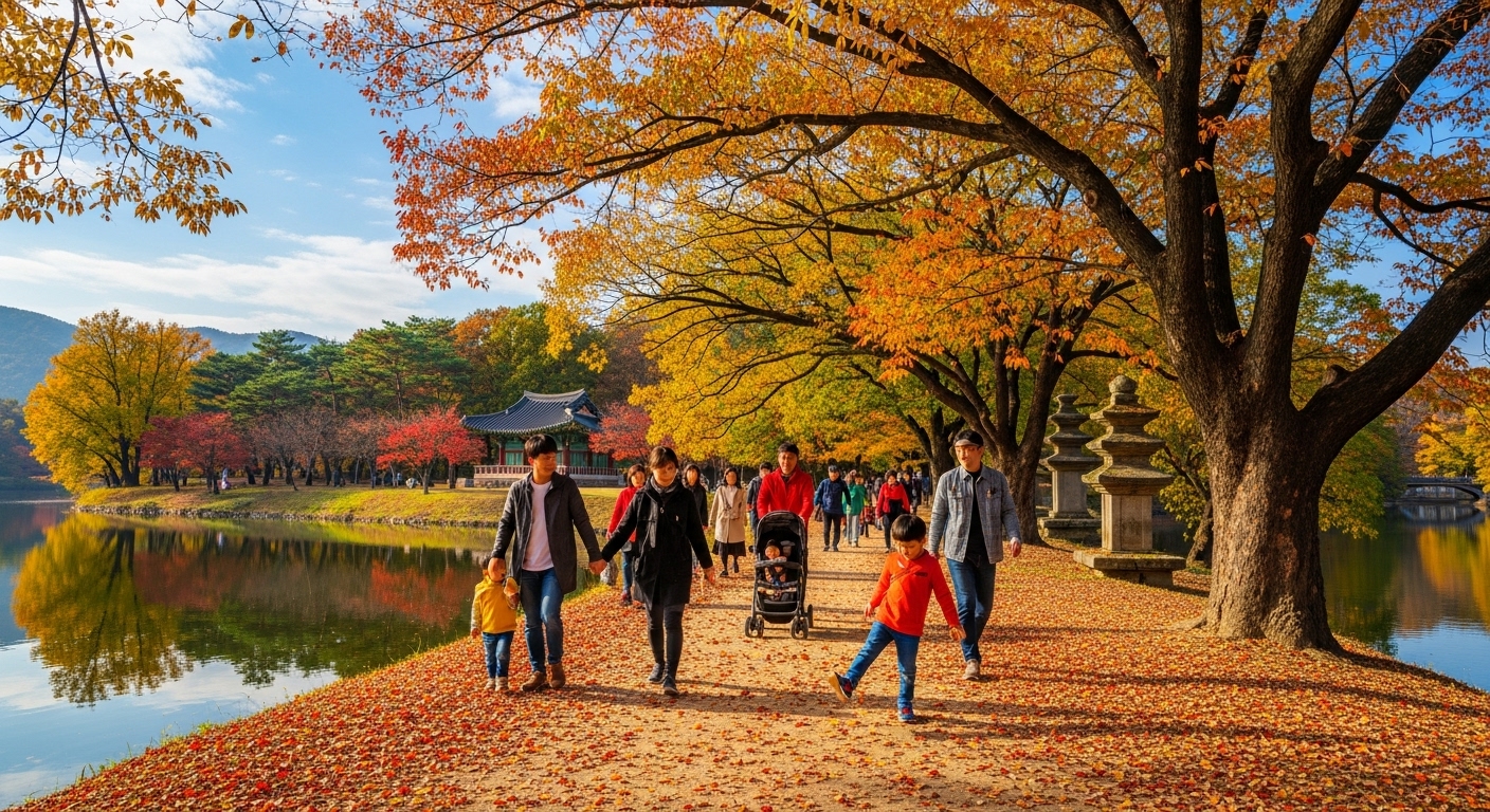 화려한 단풍과 역사적인 랜드마크 사이를 거니는 가족들의 여유로운 산책 모습