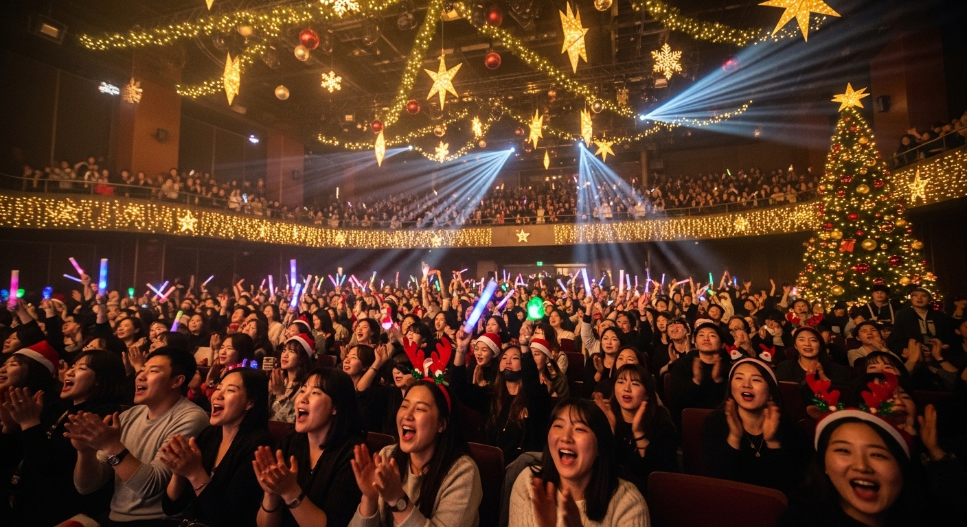 콘서트 홀 안에서 크리스마스 장식으로 꾸며진 무대와 관객들의 기대에 찬 모습