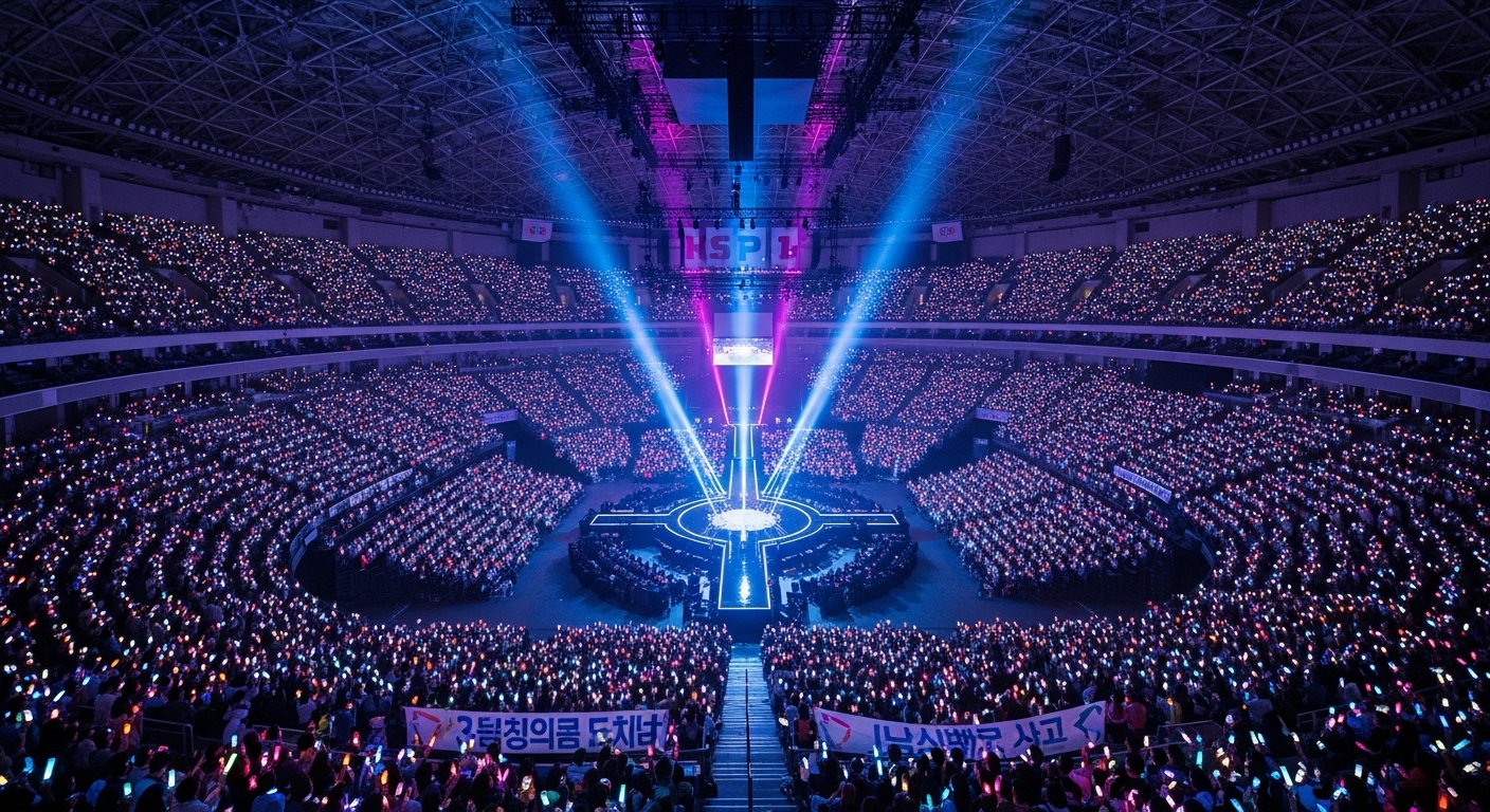 KSPO DOME 내부의 독특한 360도 무대와 사방에 앉아있는 팬들