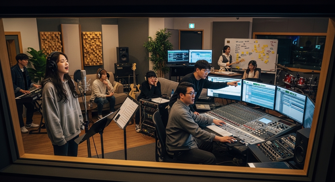 활기찬 음악 스튜디오에서 아티스트들이 녹음하고 있는 장면