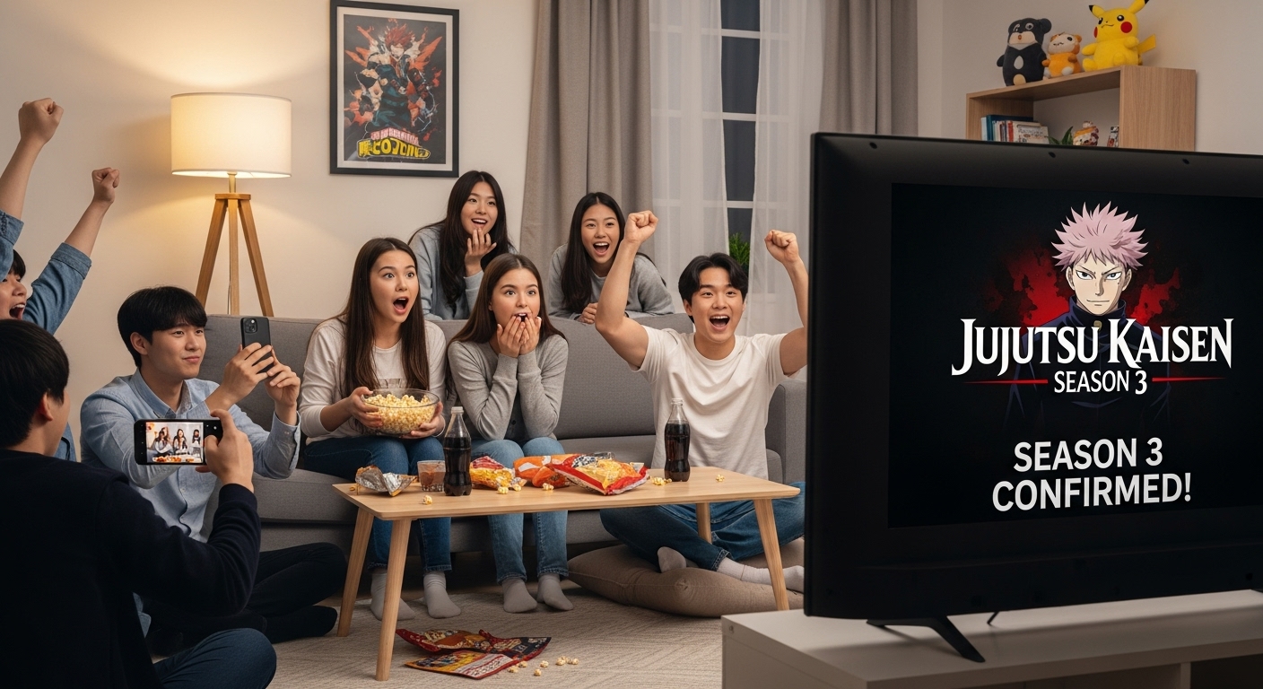 젊은 애니메이션 팬들이 주술회전 시즌 3의 발표를 시청하며 흥분과 기대에 찬 모습