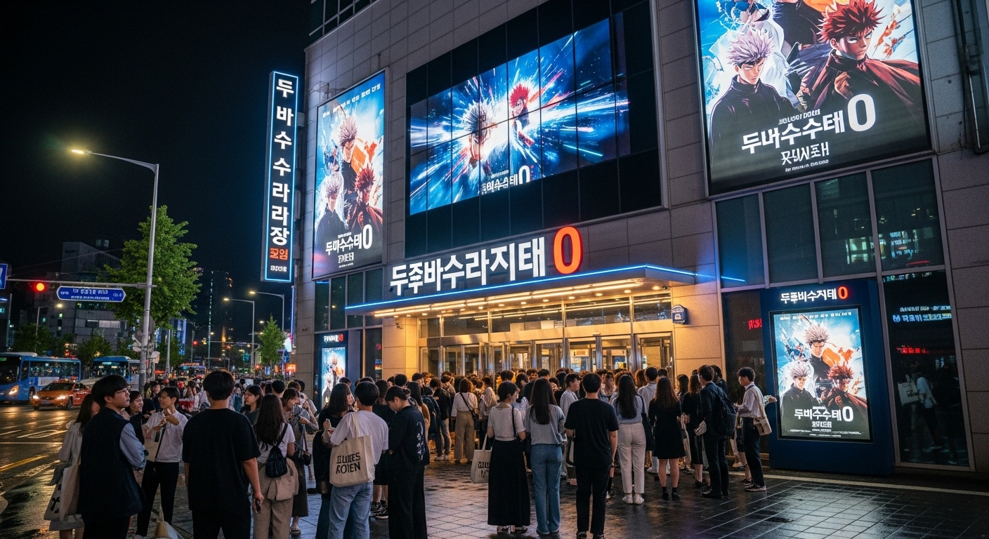 밤에 활기찬 한국 영화관 외부 전경과 주술회전 포스터로 가득한 모습
