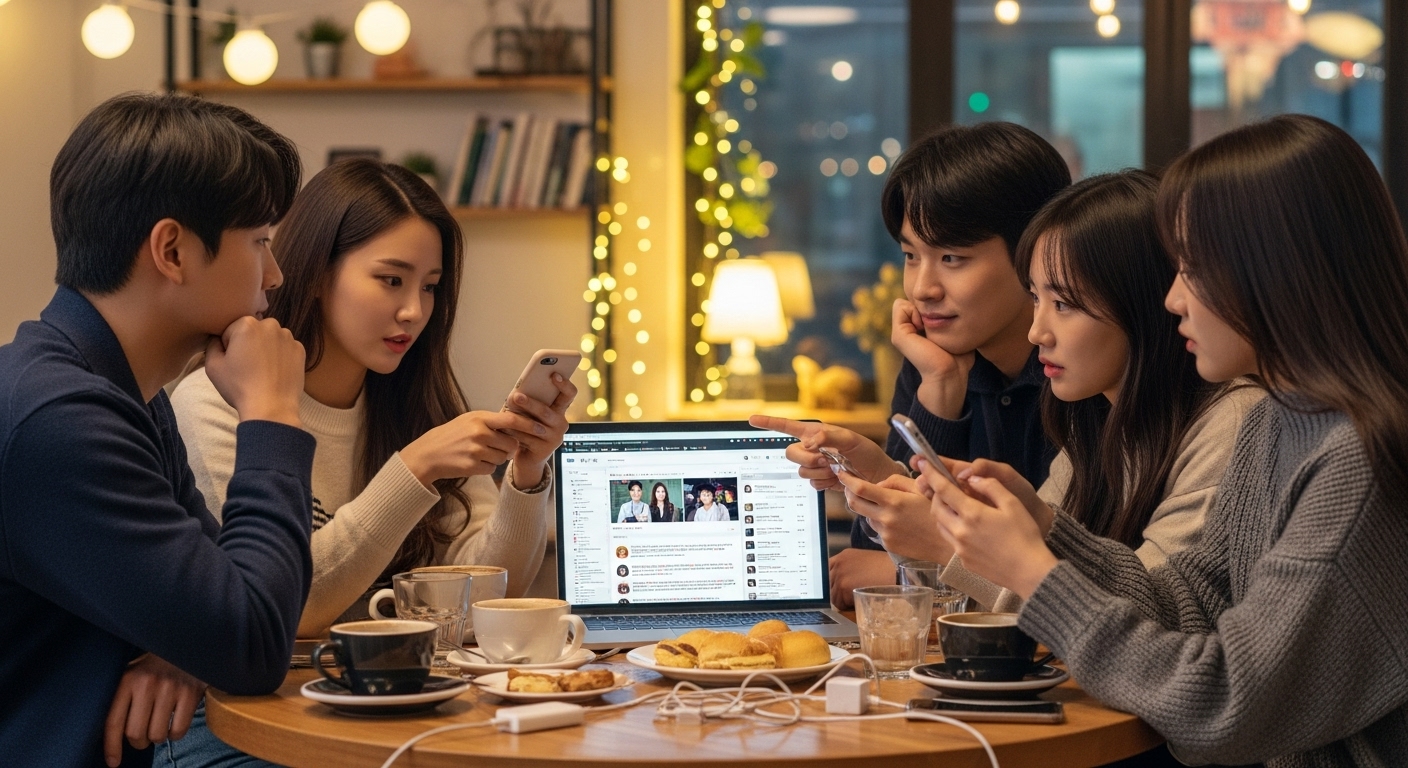 카페에서 현실 프로그램 결과를 예측하며 토론하는 젊은이들