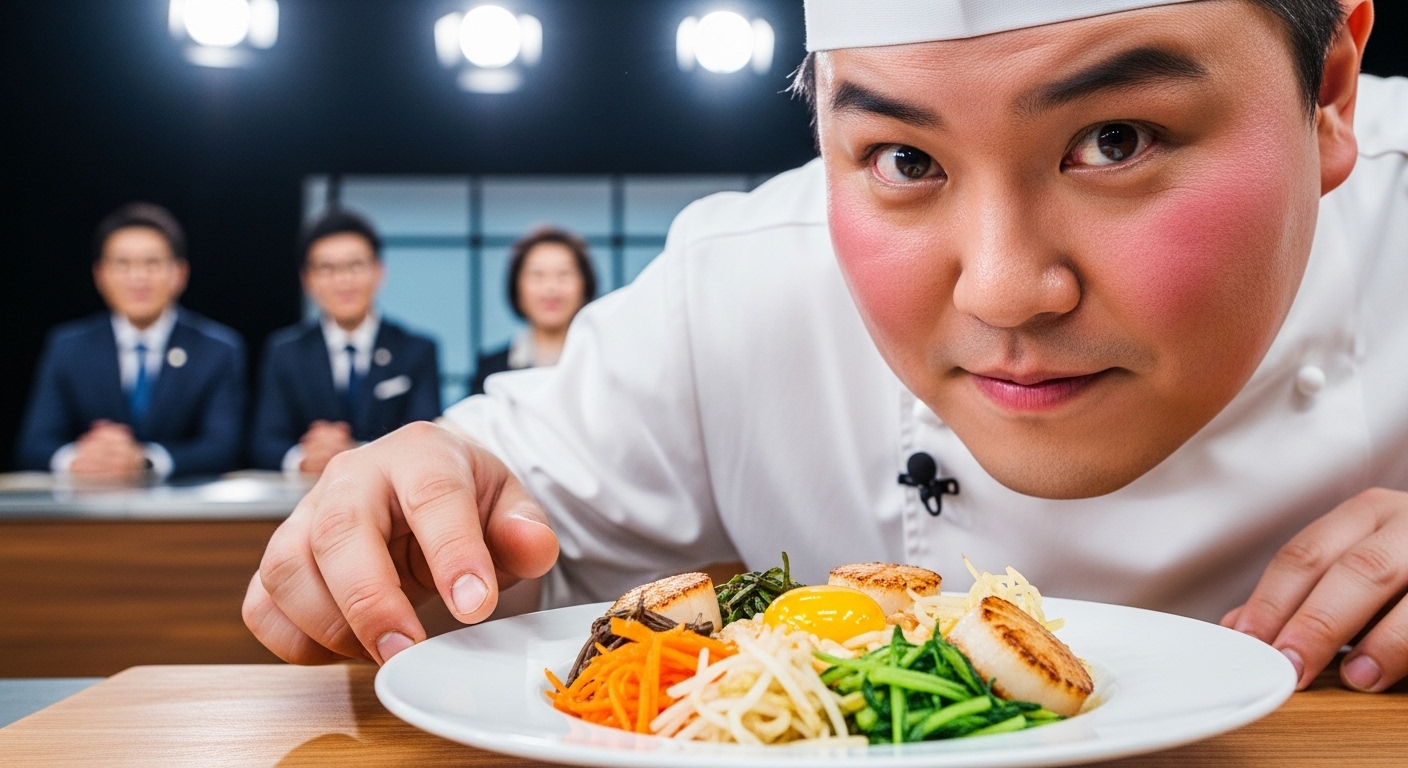 요리를 심사위원에게 보여주는 한국 셰프의 클로즈업