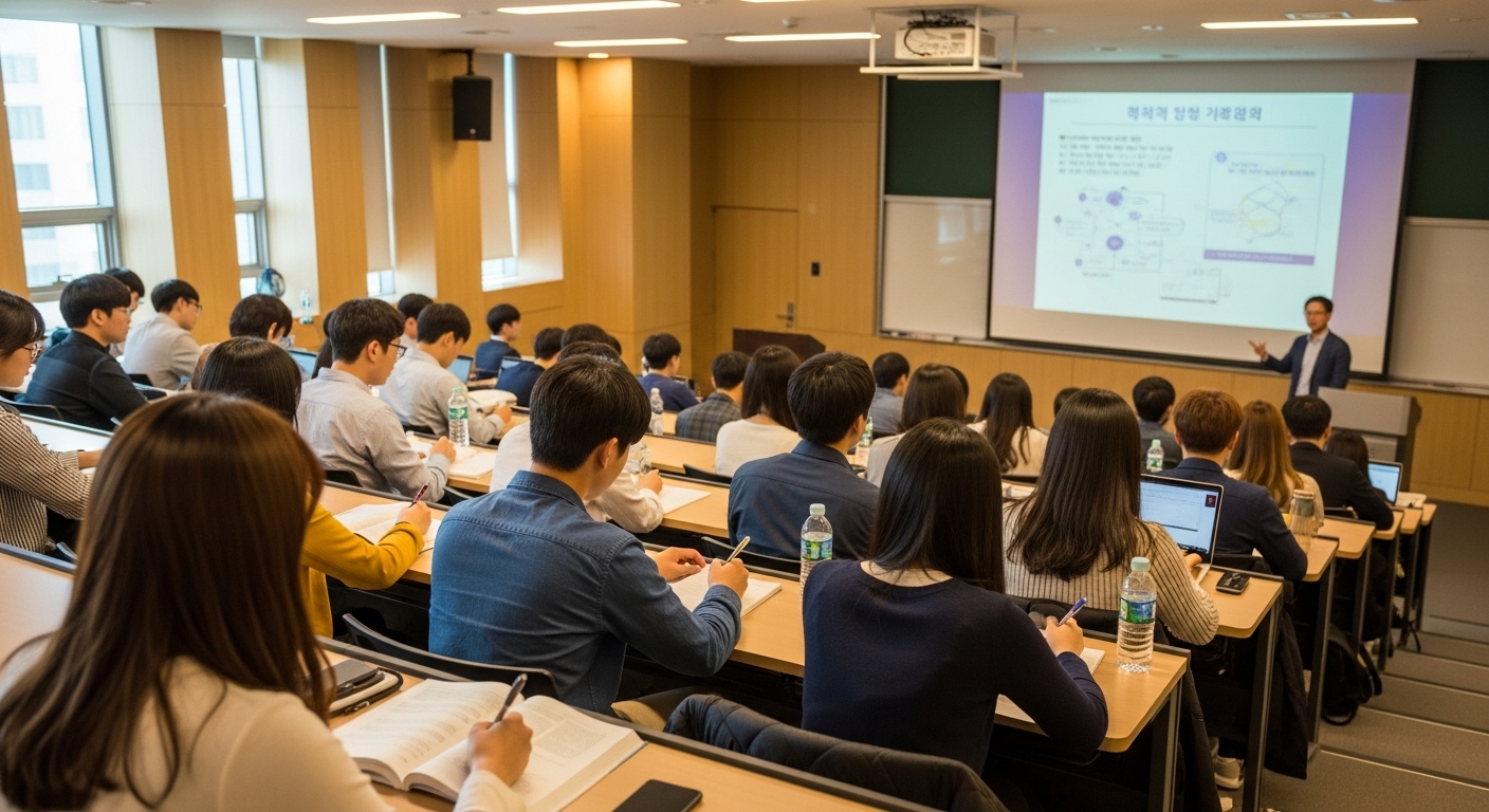 현대적인 강의실에서 강의를 듣고 있는 대학생들 모습