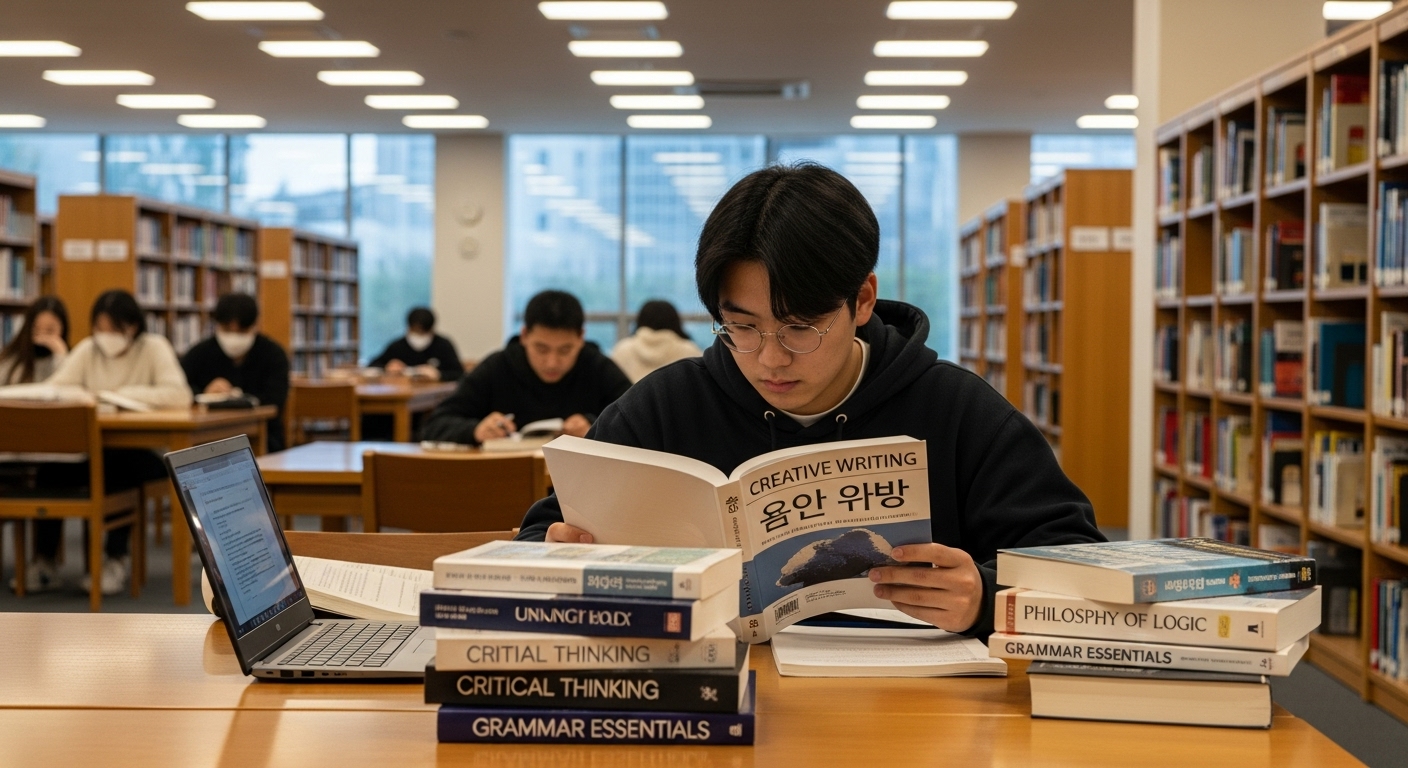 도서관에서 글쓰기와 논리 책을 공부하는 학생