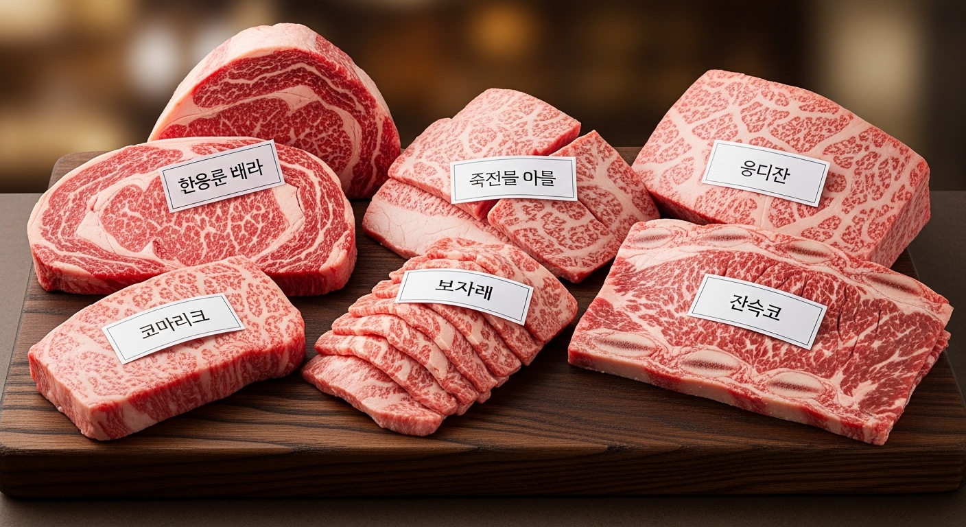 스테이크와 구이에 적합한 다양한 부위의 프리미엄 소고기 디스플레이