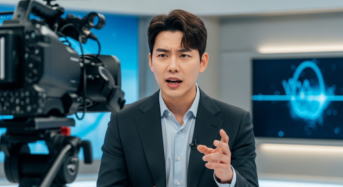 스튜디오에서 라이브 방송 중인 젊은 남성의 열정적인 모습
