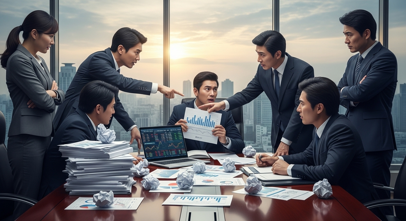 문서와 주식을 두고 격론을 벌이는 한국 기업 임원들의 회의실 장면