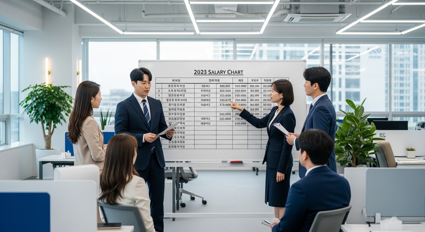 사무실에서 2023년 봉급표를 보며 토론하는 직원들