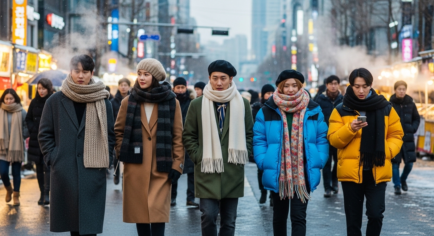 다양한 스타일의 목도리를 두른 사람들이 겨울철 도시 거리에서 코트를 입고 있는 장면