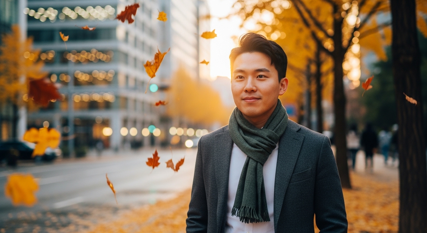 가을 도심에서 자켓 위에 간단히 둘러진 목도리를 한 젊은 직장인의 모습
