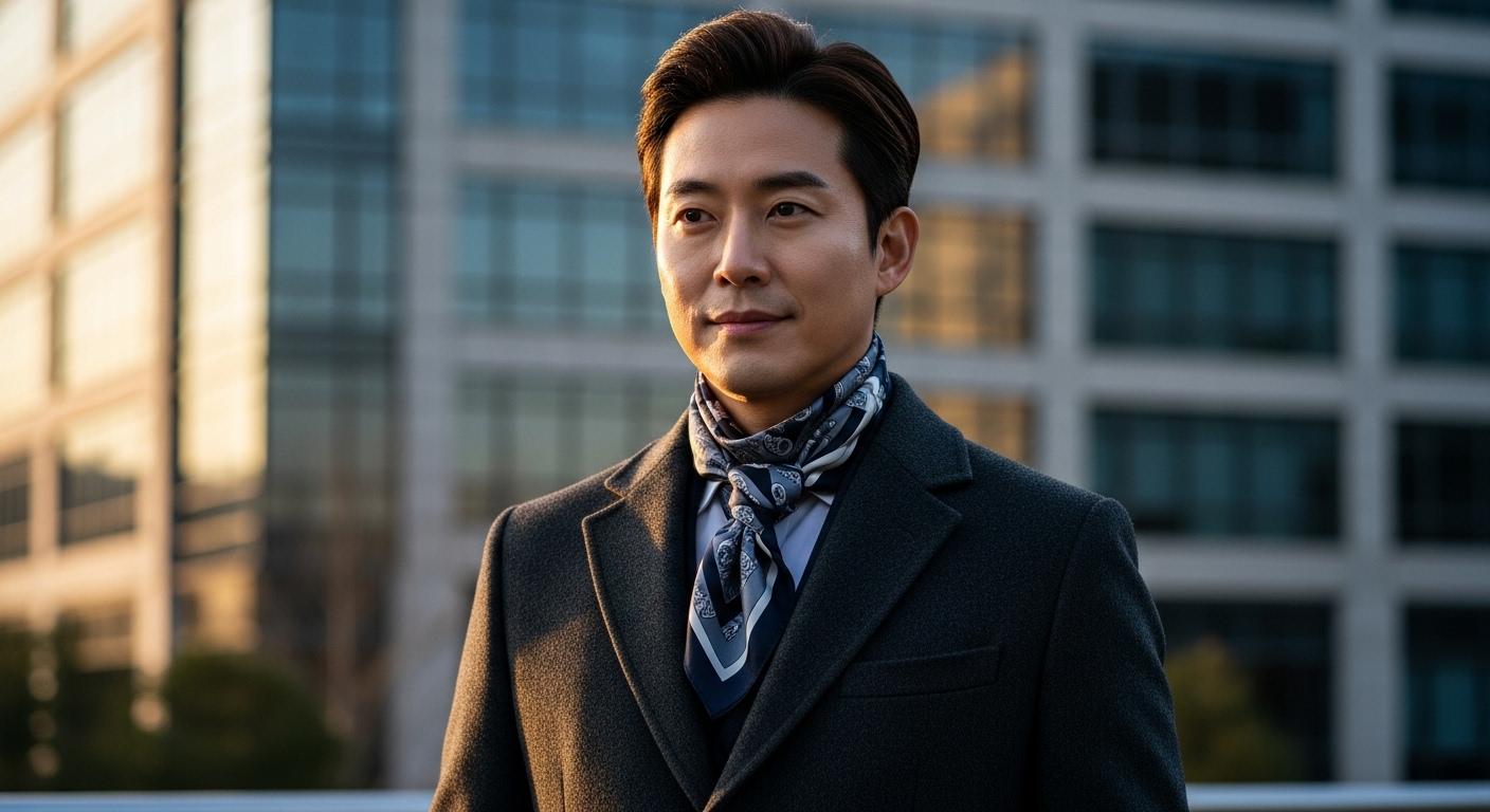 정장을 입고 깔끔한 원형 고리 형태로 매어진 목도리를 한 비즈니스맨의 모습