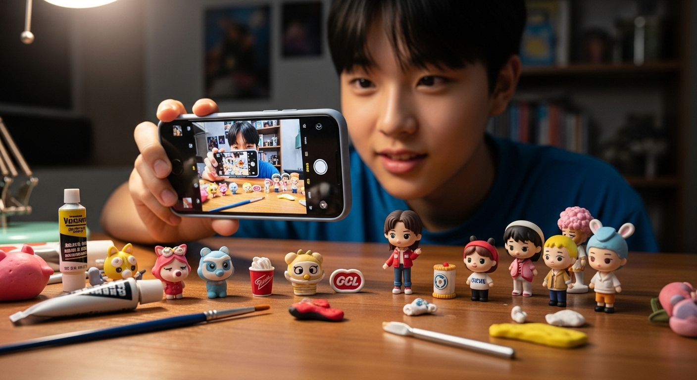 스마트폰을 들고 피규어 제작 트렌드를 따라하는 젊은이의 모습