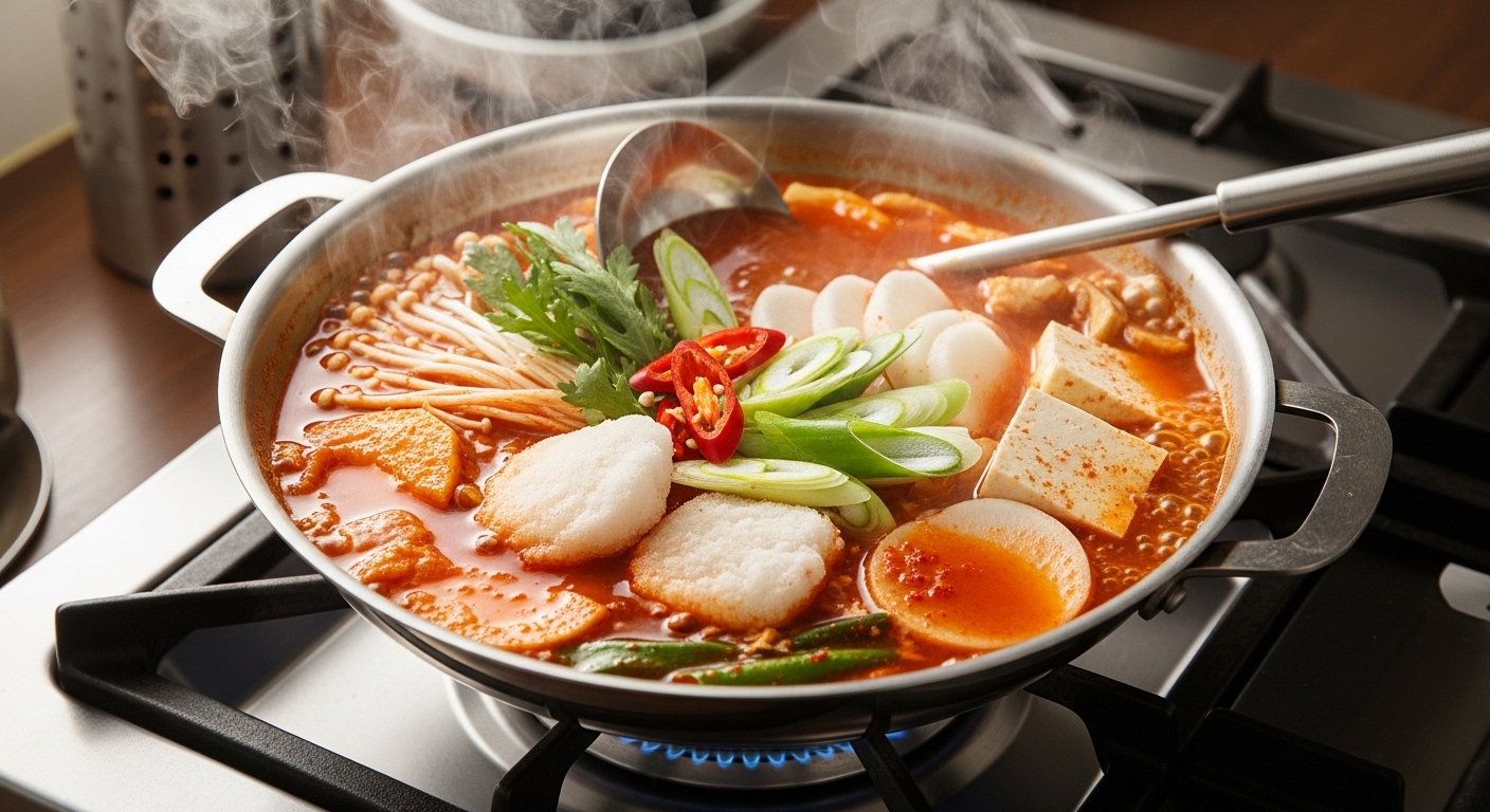 냄비에서 끓고 있는 동태탕 재료들로 가득한 주방