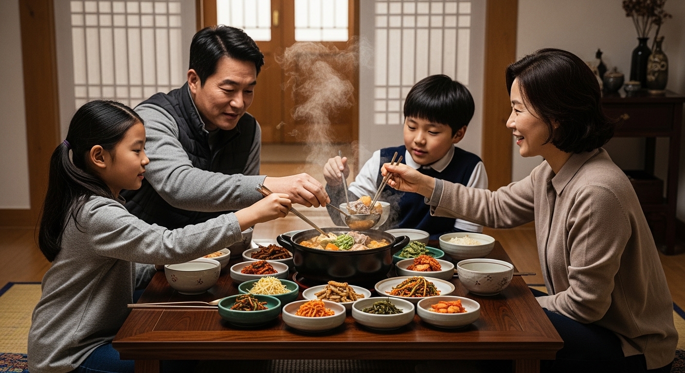 가족들이 둘러앉아 집에서 만든 동태탕을 즐기는 모습
