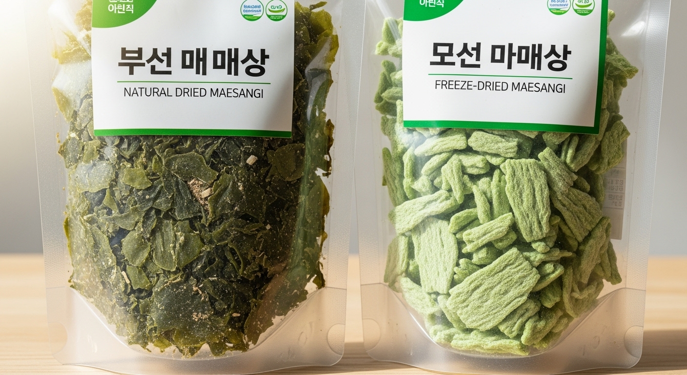 자연 건조 및 동결건조된 두 가지 형태의 매생이가 포장지에 담긴 모습