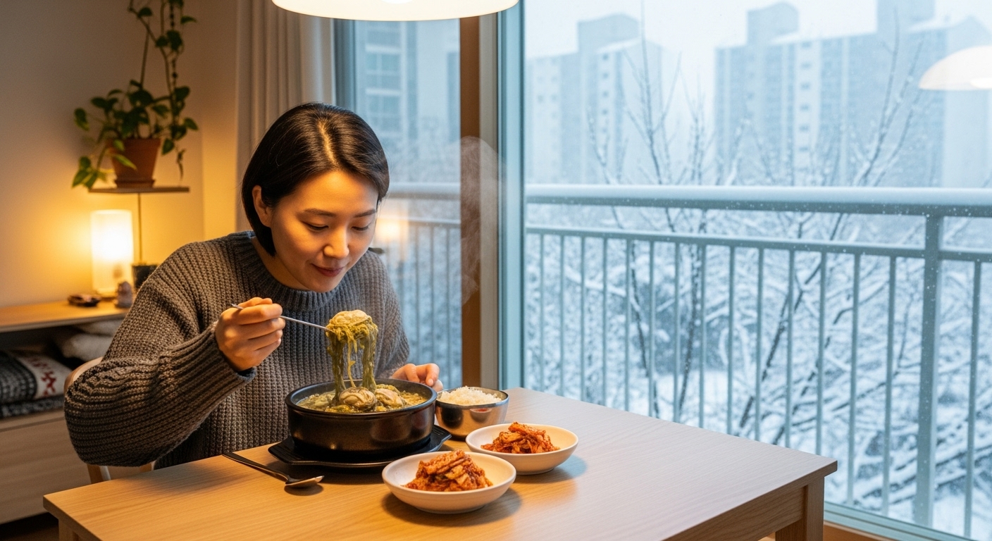 창문 너머 눈 내리는 날씨 속에서 집에서 따뜻한 매생이굴국밥을 먹고 있는 직장인