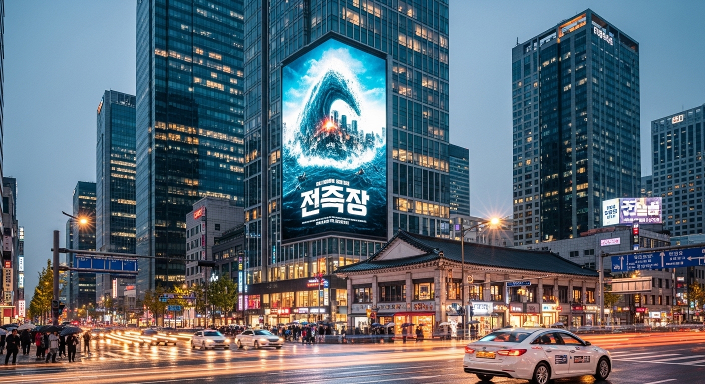 현대적인 한국 도시 풍경과 함께 대형 디지털 빌보드에 영화 포스터가 걸려있는 모습