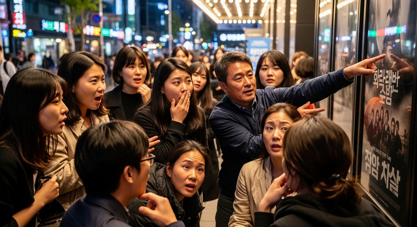 영화를 본 후 극장 밖에서 열띤 토론을 나누며 깨달음을 표현하는 다양한 한국인들