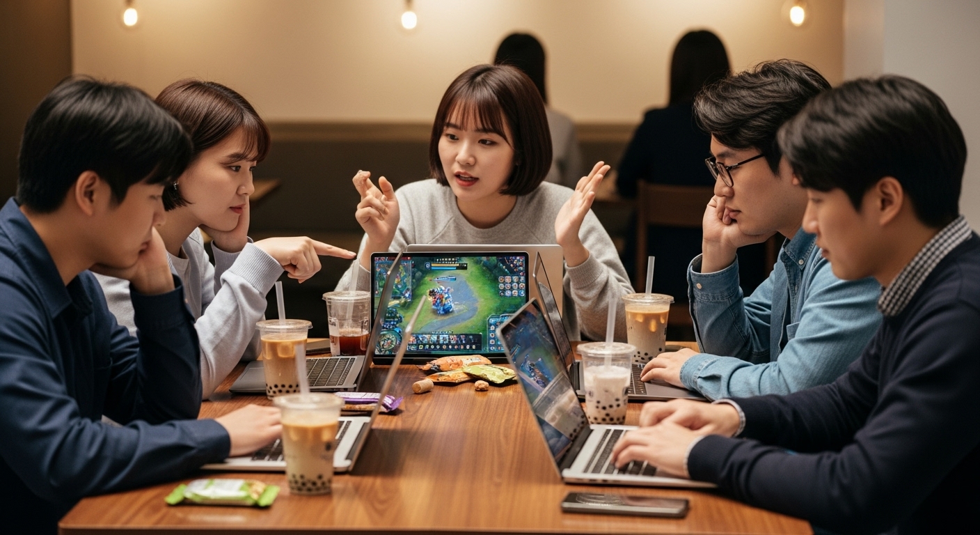 현대 카페에서 다양한 한국인 게이머들이 노트북과 태블릿으로 팀 조합을 논의하는 모습