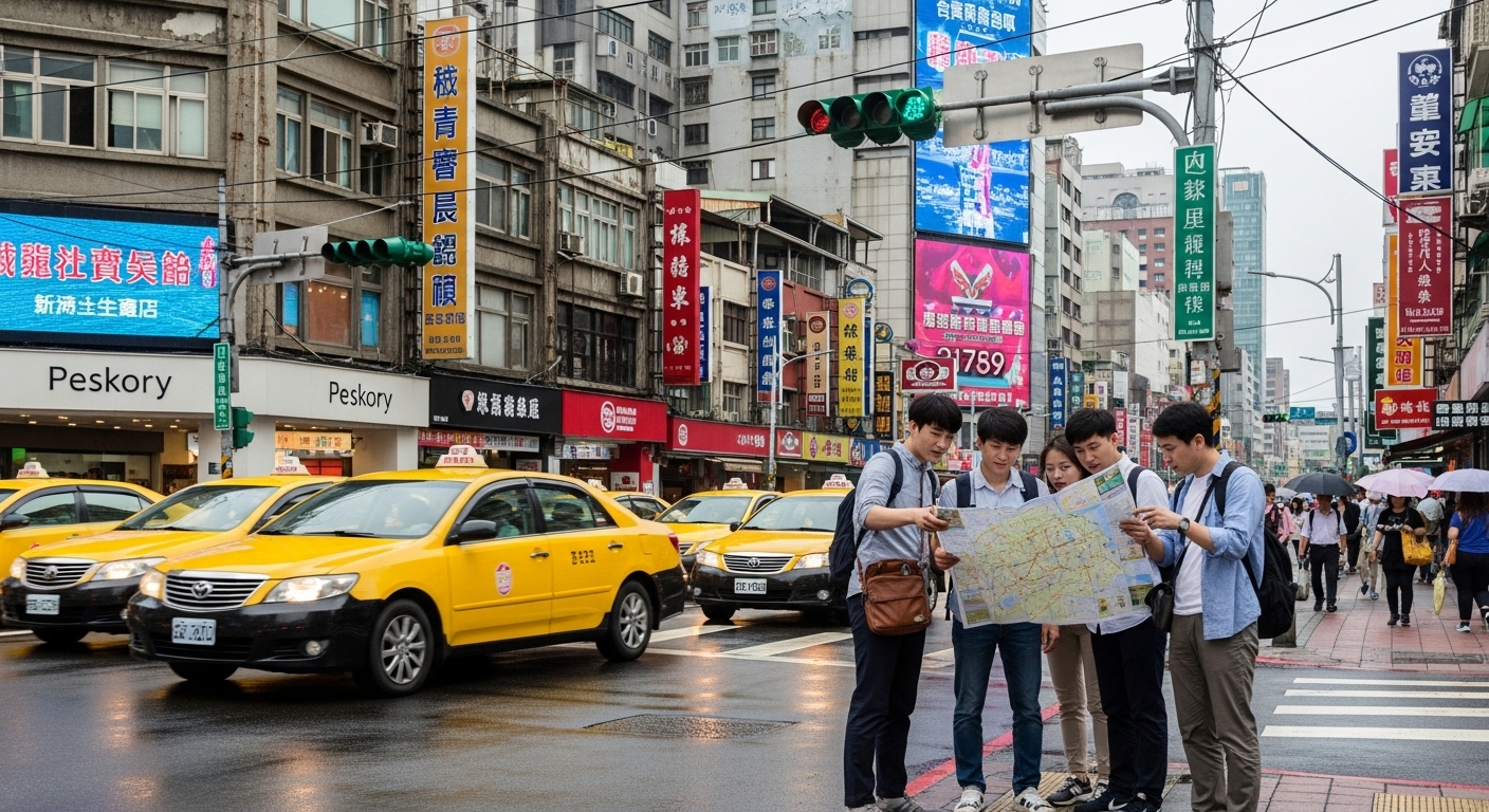 타이베이의 번화한 거리에서 지도를 보는 관광객들
